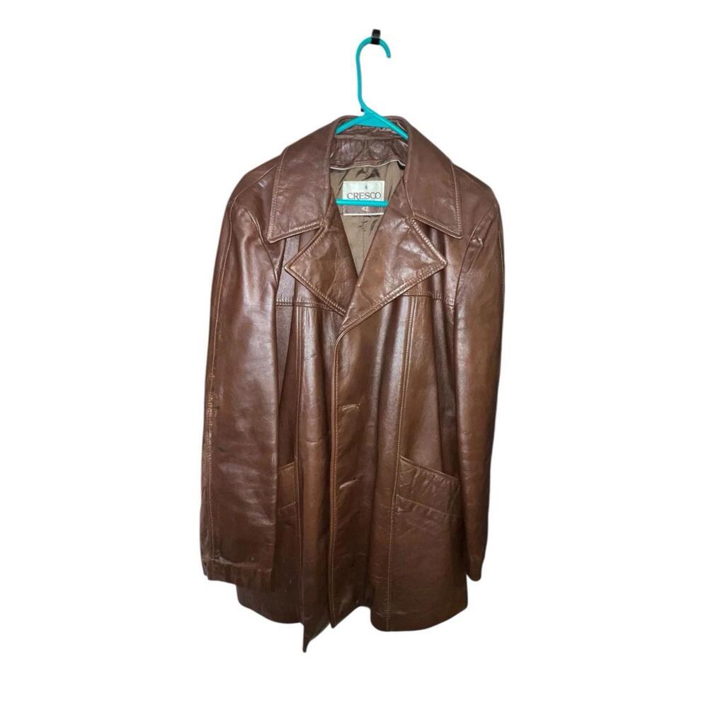 Cresco Vintage 1970's Brown Leather Coat Mid Length Jacket‎ Men's Size 42